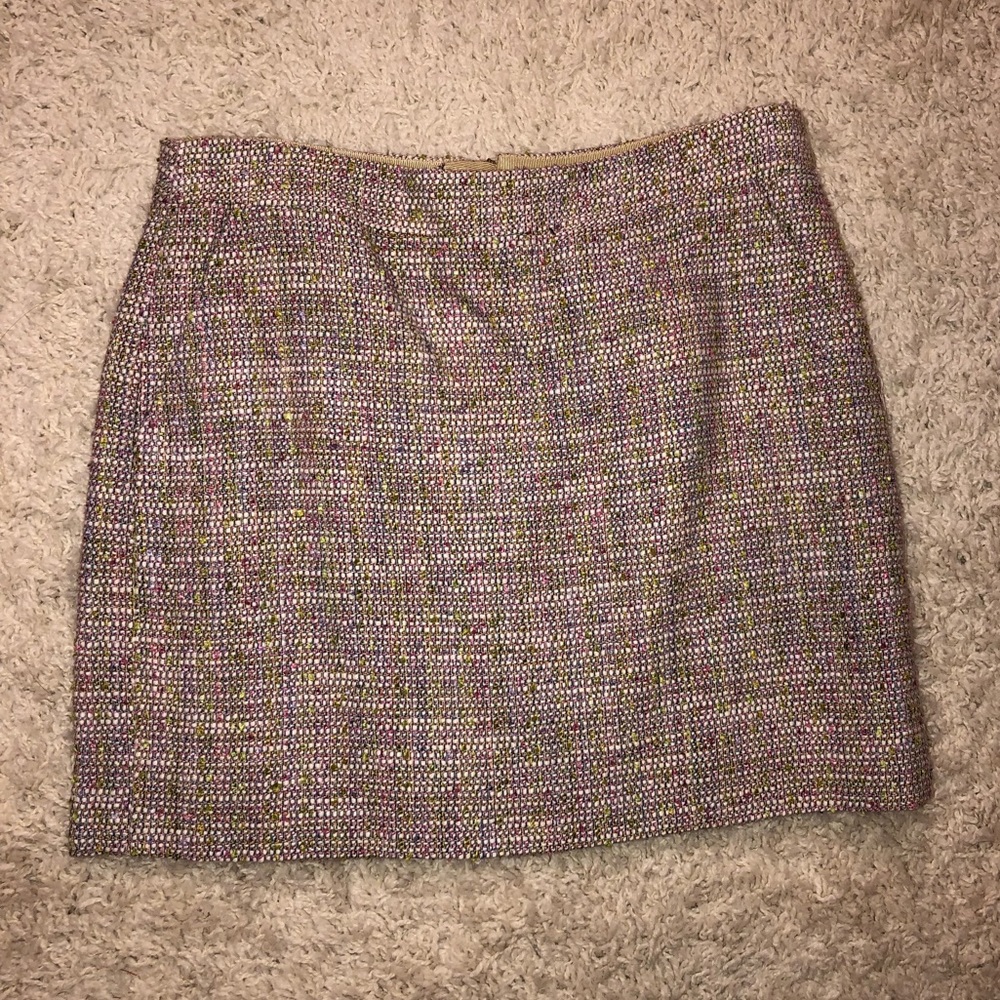 Pink, green, blue, black, and white tweed skirt